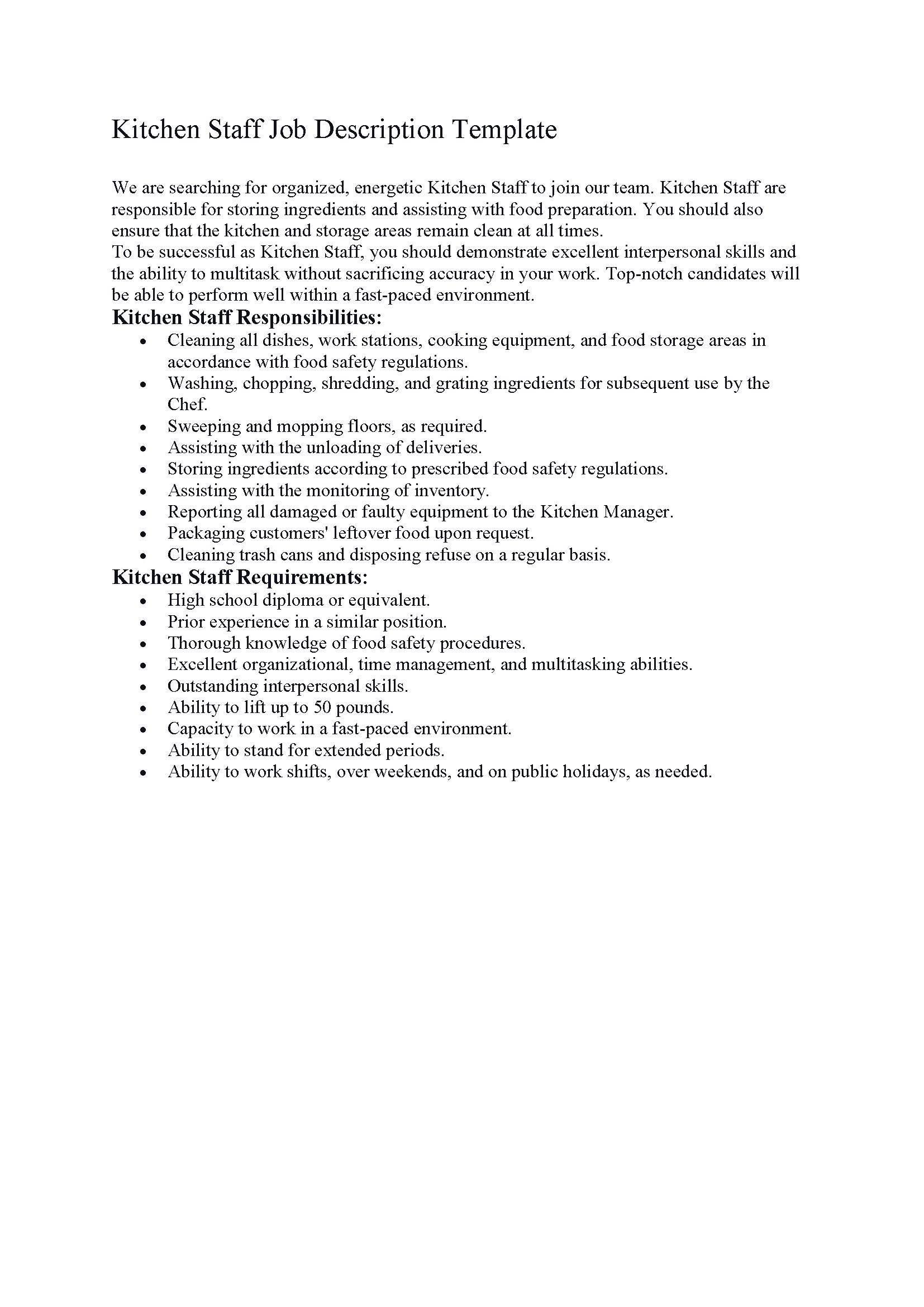 Kitchen Staff Job Description Template